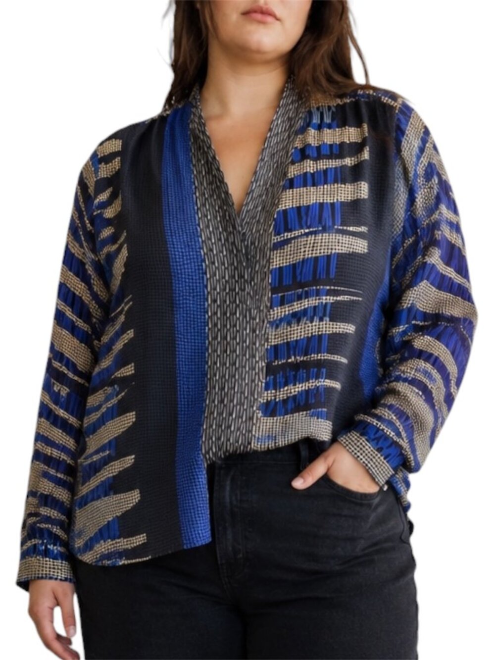 Plus Size 1X Nic + Zoe Blue Geometric Chiffon Blouse Blue and brown